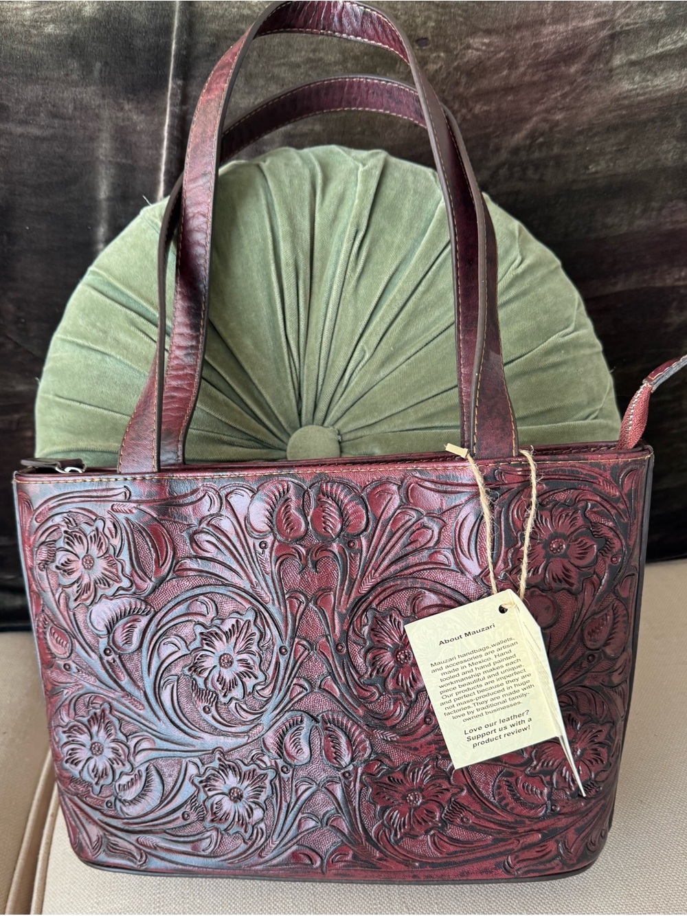 Beautiful Hand Tooled Deep Brown Leather Shoulder bag by “mauzari”